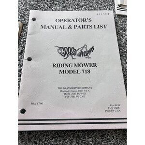 Grasshopper 718 Riding Mower Parts Catalog & Owner Operator Manual 172183